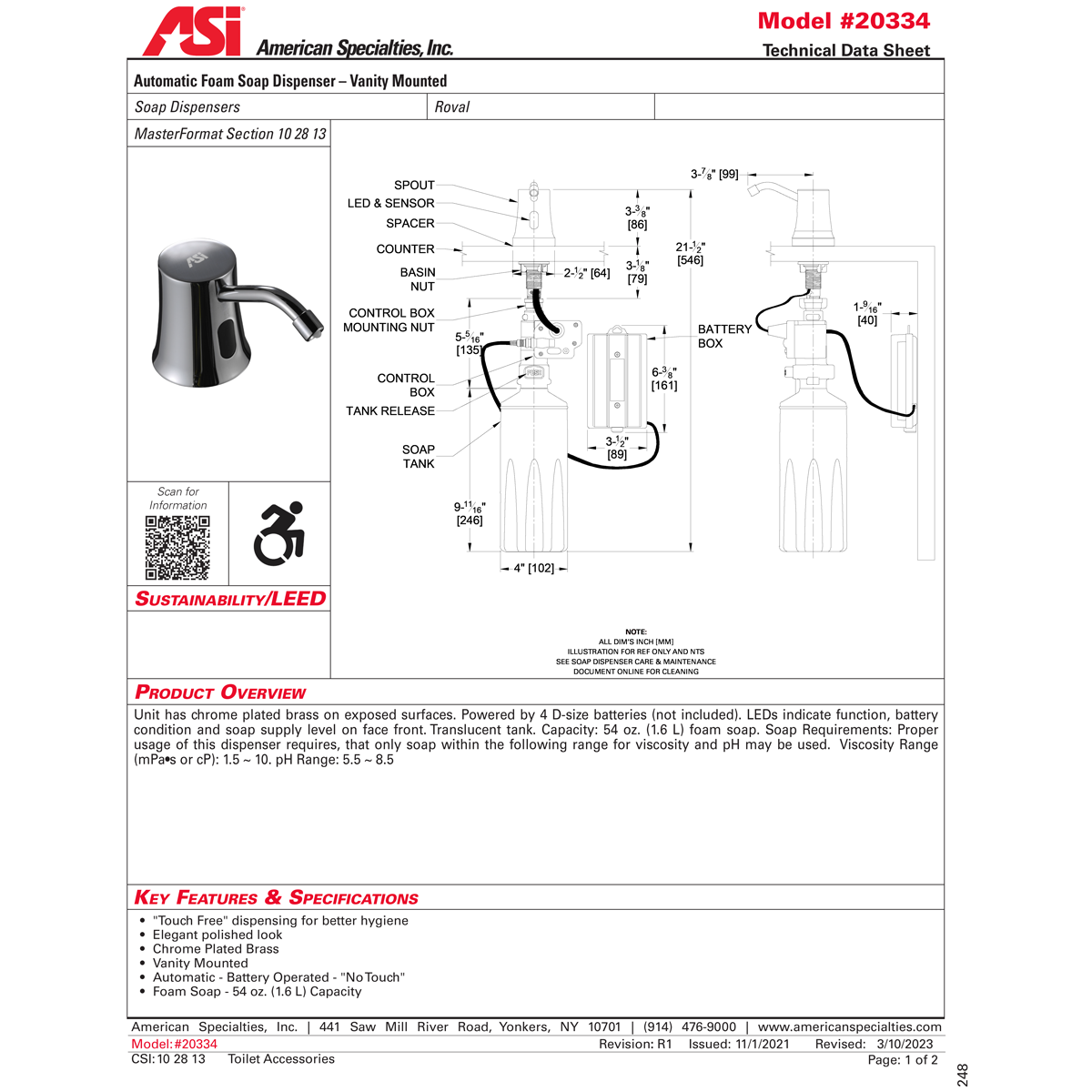 ASI 20334 Auto Soap Dispenser - Foam - Battery - Vanity Mounted