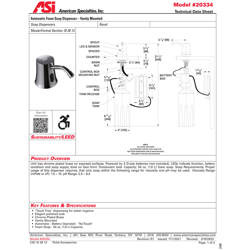 ASI 20334 Auto Soap Dispenser - Foam - Battery - Vanity Mounted ...