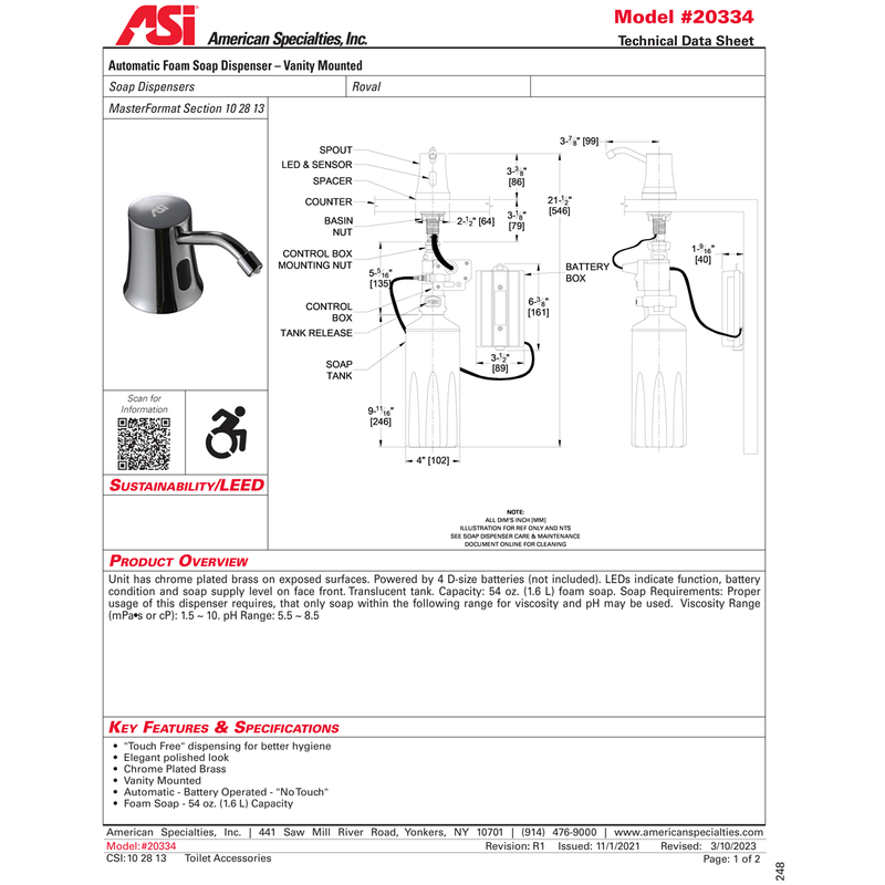 ASI 20334 Auto Soap Dispenser - Foam - Battery - Vanity Mounted