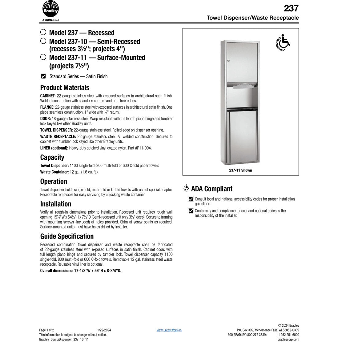 Bradley 237-11 Commercial Paper Towel Dispenser/Waste Receptacle, Surface-Mounted, Stainless Steel