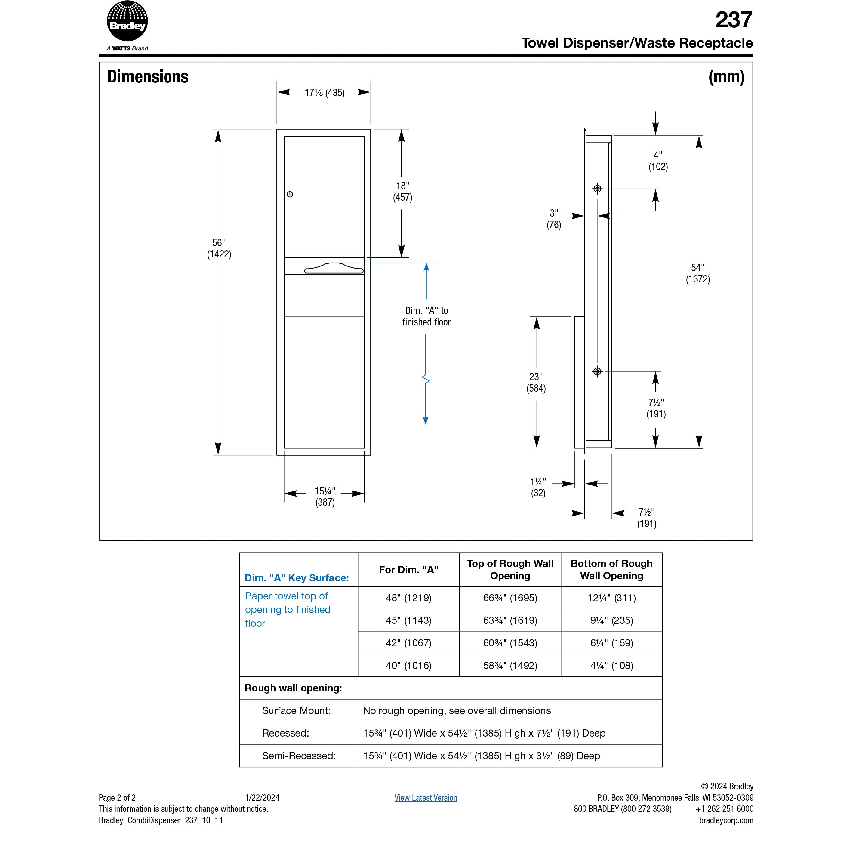 Bradley 237-11 Commercial Paper Towel Dispenser/Waste Receptacle, Surface-Mounted, Stainless Steel