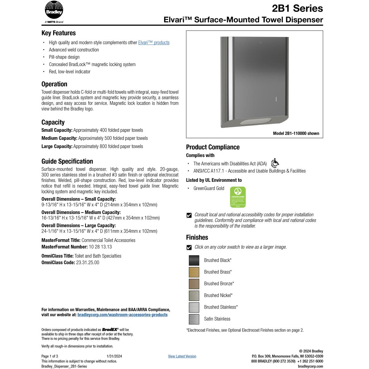 Bradley Elvari Series Towel Dispenser - Surface Mounted, Medium Capacity - 2B1-110000-BR, Brushed Brass