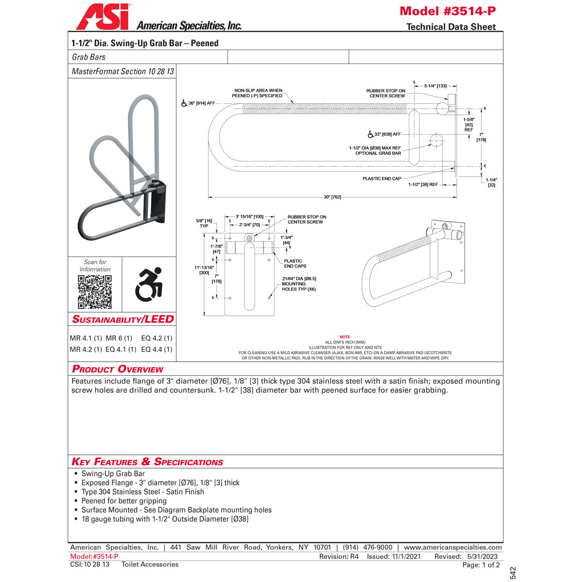 ASI 3514-P Commercial Grab Bar, 1-1/4