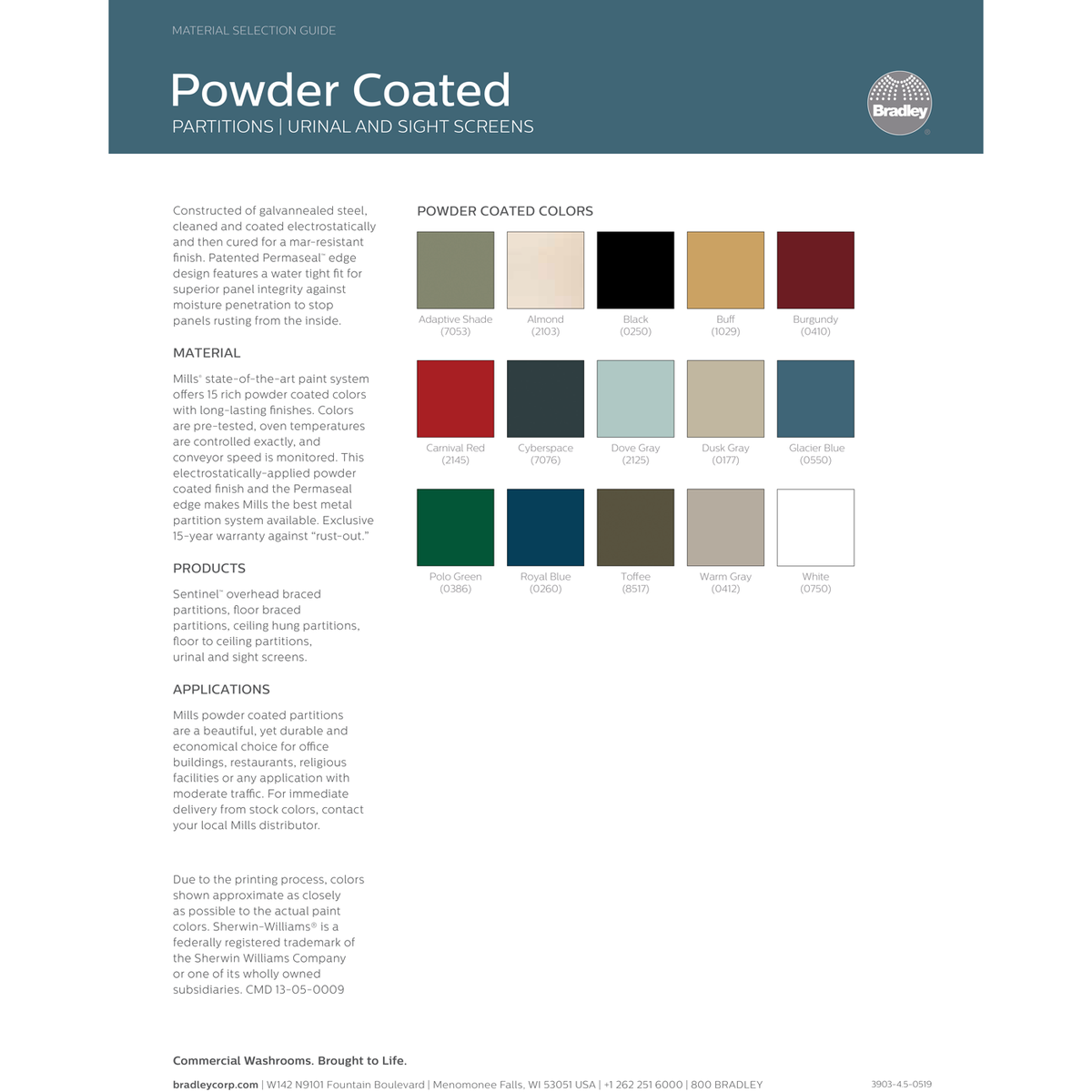 Bradley Toilet Partition (Metal) 4 Between Wall (144" W x 61-1/4" D) - BW43660