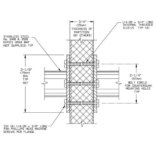 ASI 3925 Kit to Mount 2 Grab Bars Back-to-Back thru 3/4" to 1" Thick Partitions, 1 Per Flange Pair
