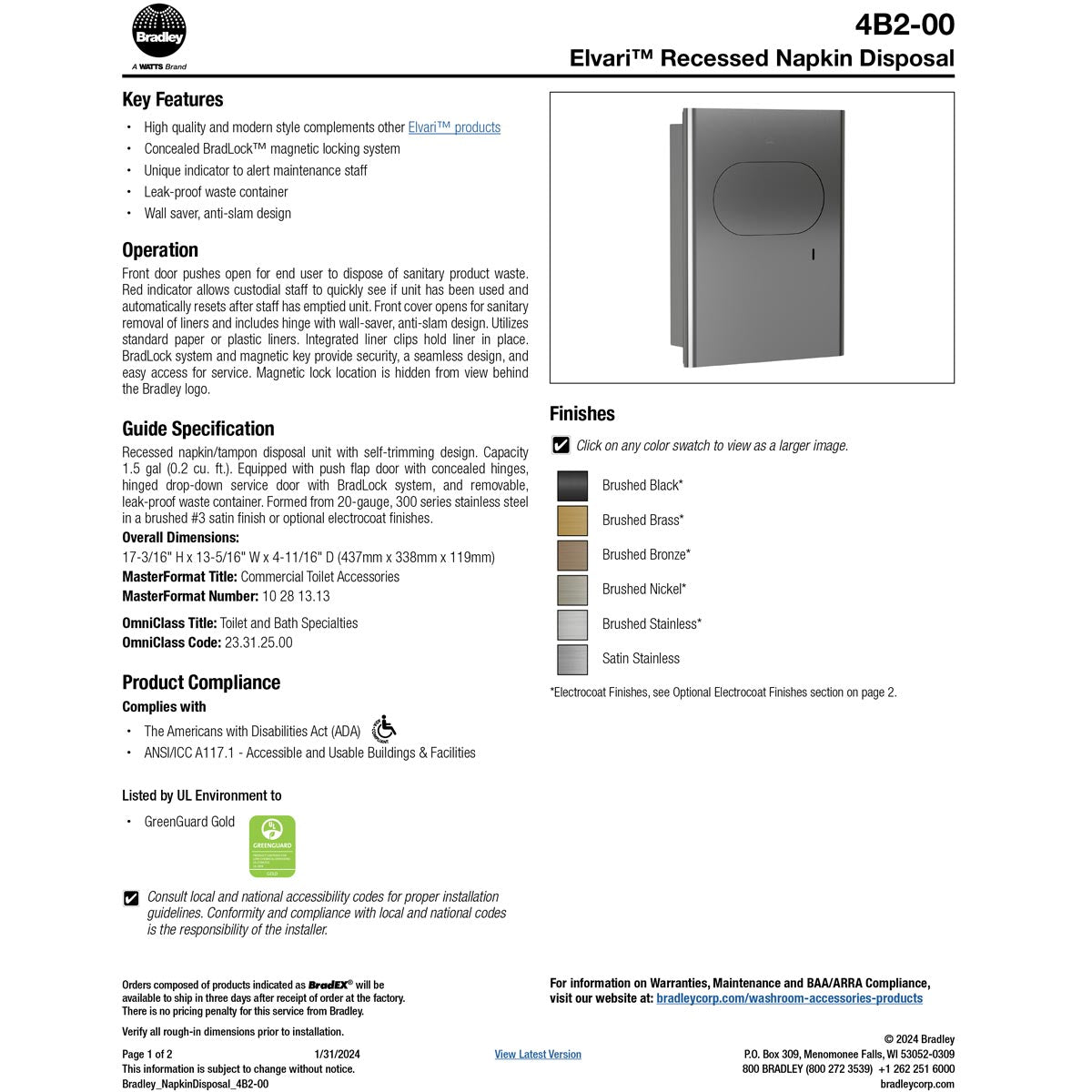 Bradley Elvari Series Napkin Disposal - Stainless, Recessed