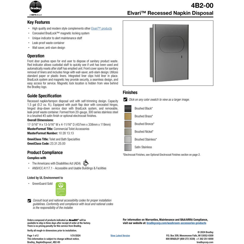 Bradley Elvari Series Napkin Disposal - Stainless, Recessed Mounted - 4B2-000000