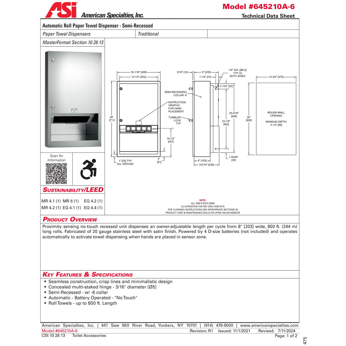 ASI 645210A-6 Simplicity - Auto Paper Towel Dispenser - Roll - Battery - Semi-Recessed