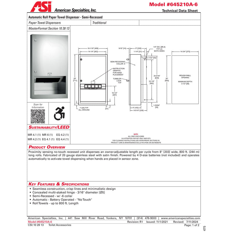 ASI 645210A-6 Simplicity - Auto Paper Towel Dispenser - Roll - Battery - Semi-Recessed