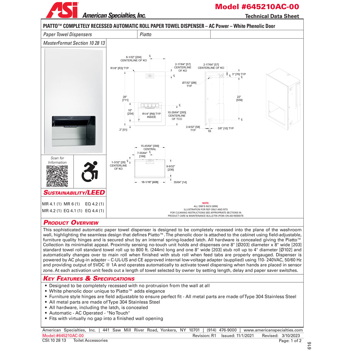 ASI 645210AC-00 Piatto Recessed Automatic Roll Paper Towel Dispenser (AC Plug-In), White Phenolic Door, 16-1/16