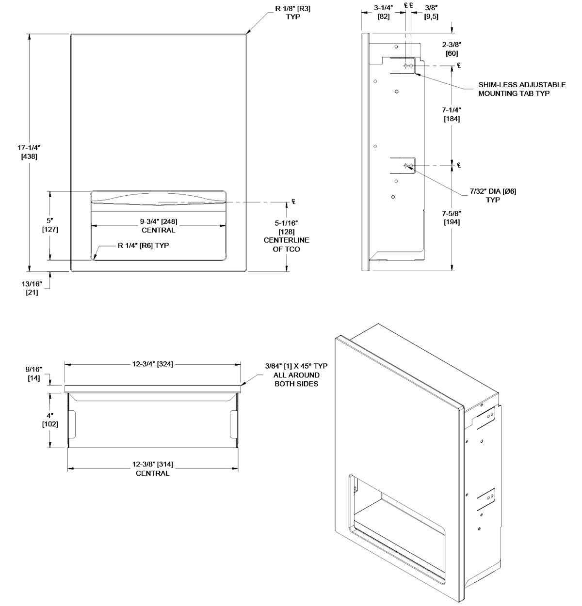 ASI 6457-00 Piatto Recessed Paper Towel Dispenser, Recessed-Mounted, White Phenolic Door