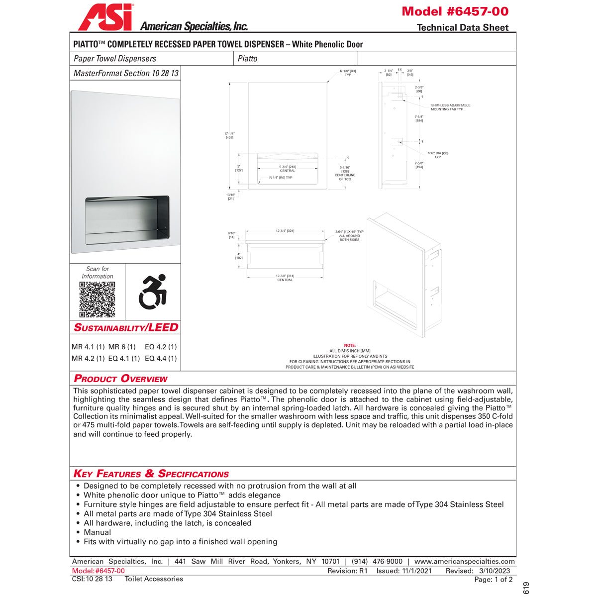 ASI 6457-00 Piatto Recessed Paper Towel Dispenser, Recessed-Mounted, White Phenolic Door
