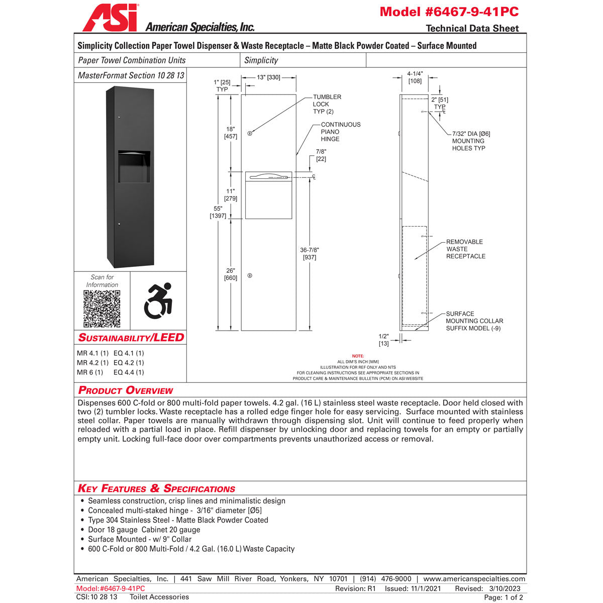ASI 6467-9-41PC TOWEL DISP/WASTE - SIMPLICITY w/ SM COLLAR-MATTE BLACK POWDER COATED