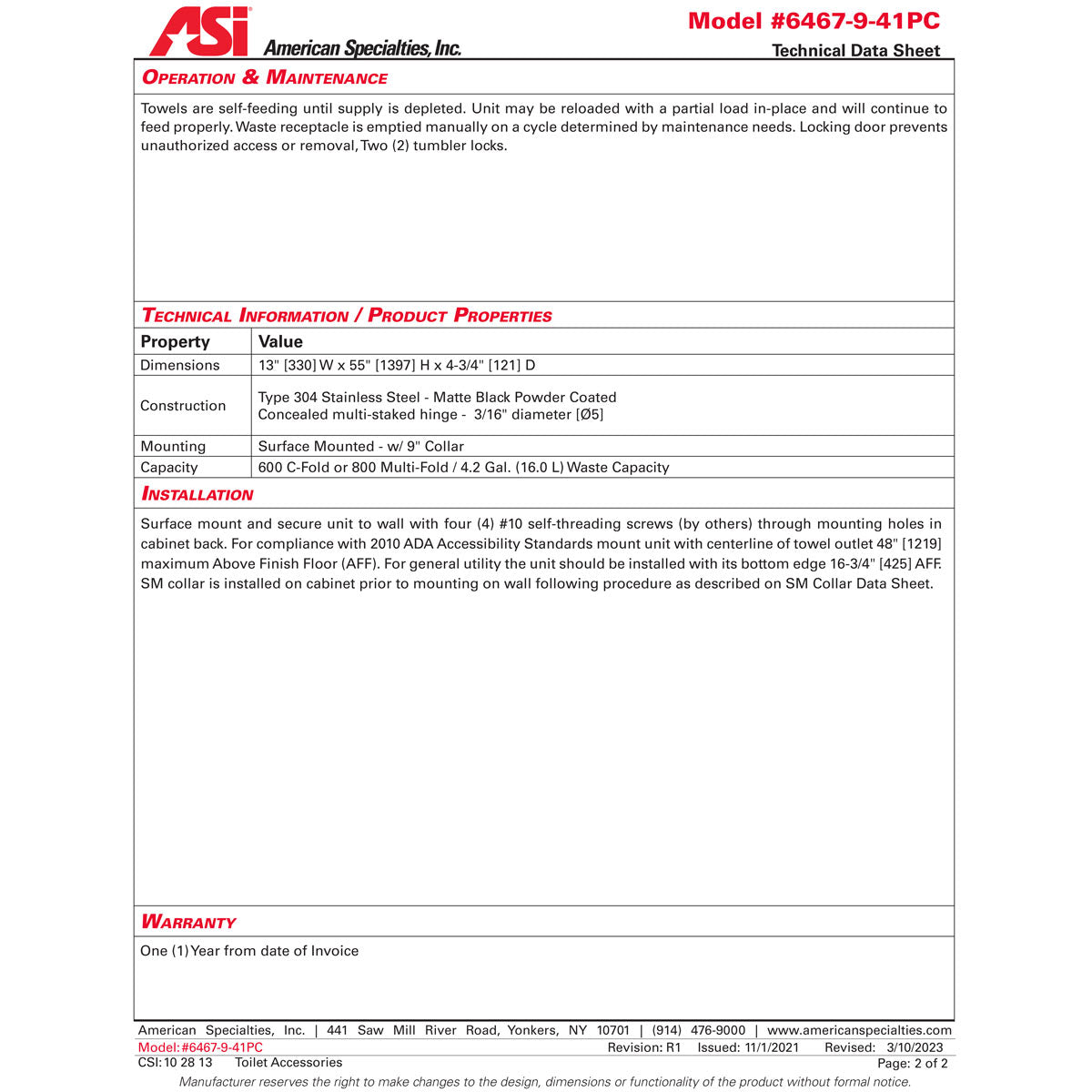 ASI 6467-9-41PC TOWEL DISP/WASTE - SIMPLICITY w/ SM COLLAR-MATTE BLACK POWDER COATED