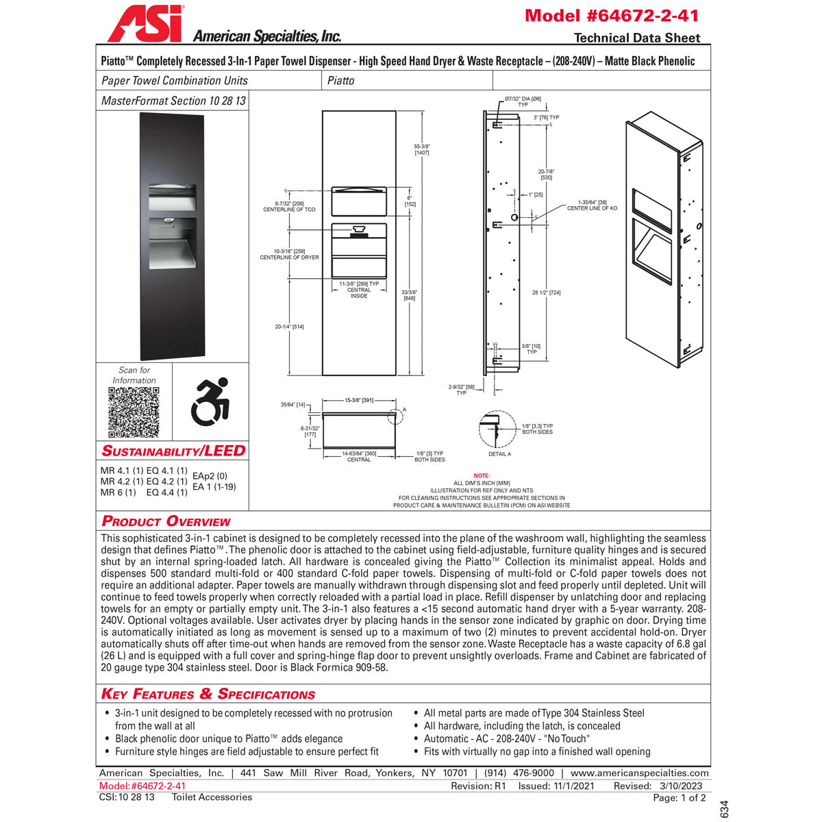 ASI 64672-2-41 Piatto Recessed 3-In-1 Paper Towel Dispenser, Hand Dryer and Waste Receptacle, 208-240V, Black Phenolic Door