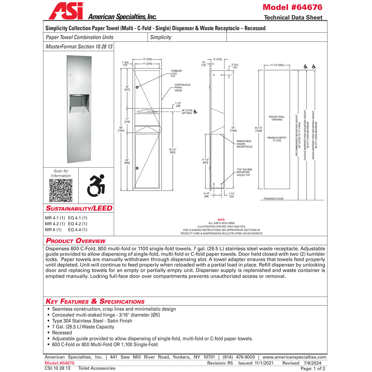 ASI 64676 Combination Commercial Paper Towel Dispenser/Waste Receptacle, Recessed-Mounted, Stainless Steel