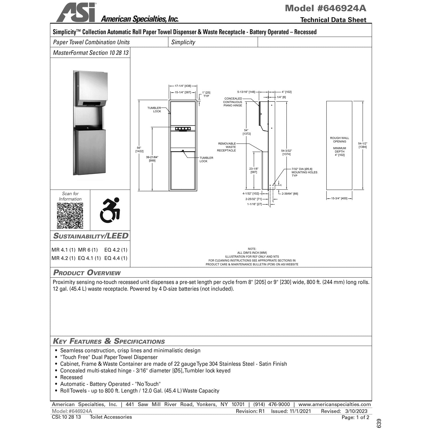 ASI 646924A Simplicity - Auto Roll Paper Towel Disp & 12 gal. Waste Receptacle, Battery, Recessed