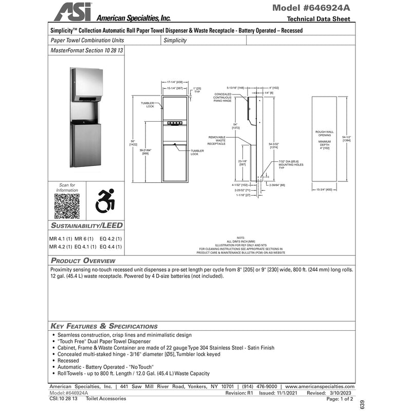 ASI 646924A Simplicity - Auto Roll Paper Towel Disp & 12 gal. Waste Receptacle, Battery, Recessed