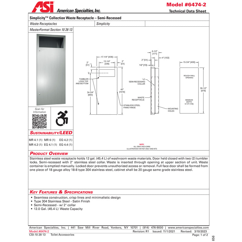 ASI 6474-2 Commercial Restroom Waste Receptacle, 12 Gallon, Recessed-Mounted, 15-1/4" W x 38-1/2" H, 4-1/4" D, Stainless Steel