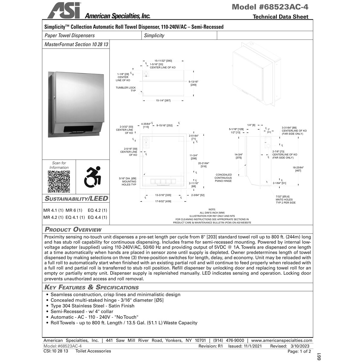 ASI 68523AC-4 Automatic Commercial Paper Towel Dispenser, Semi-Recessed-Mounted, Stainless Steel