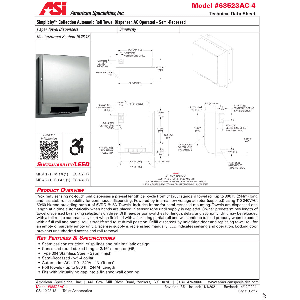 ASI 68523AC Simplicity - Auto Paper Towel Dispenser - Roll - (110-240V) - Surface Mounted
