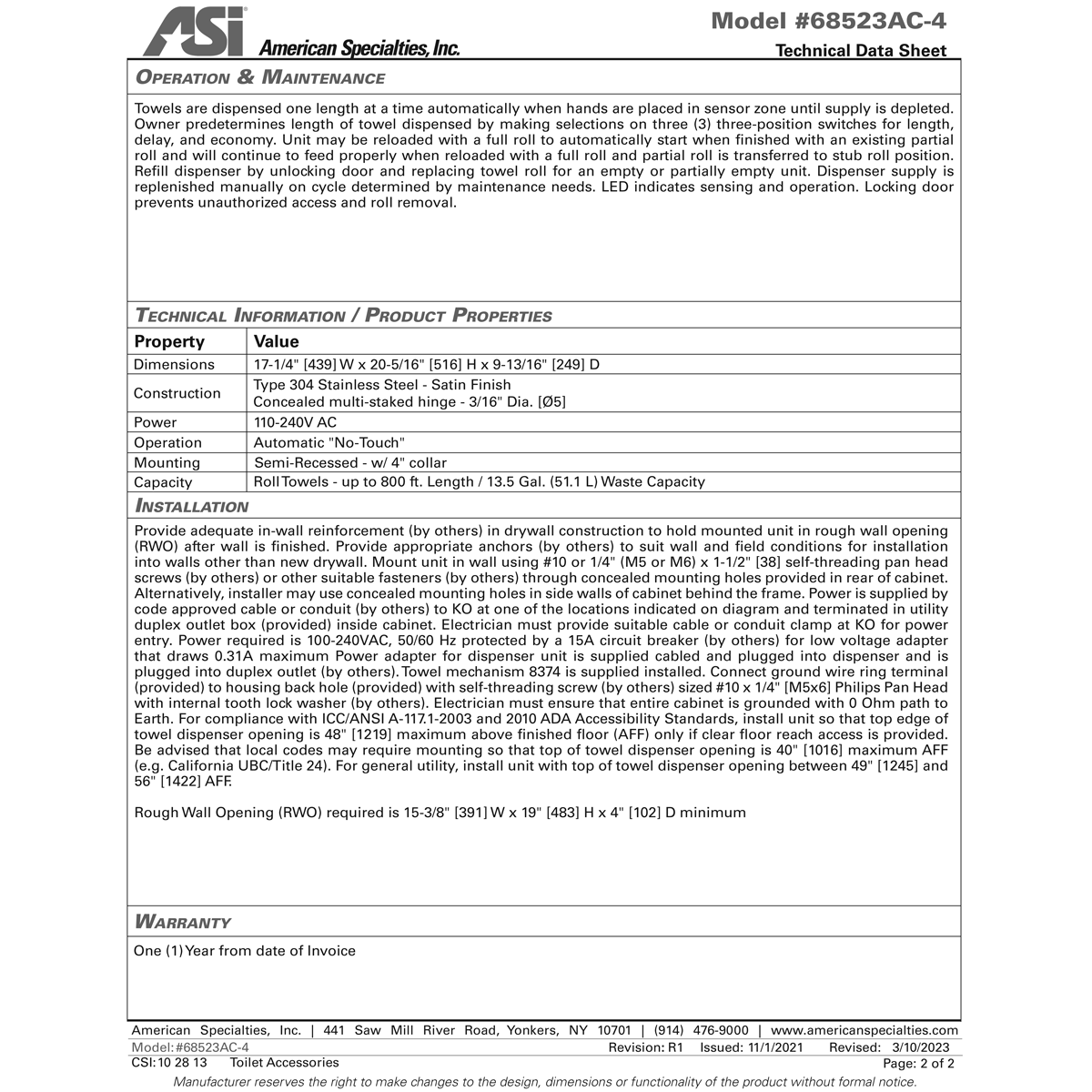 ASI 68523AC-4 Automatic Commercial Paper Towel Dispenser, Semi-Recessed-Mounted, Stainless Steel