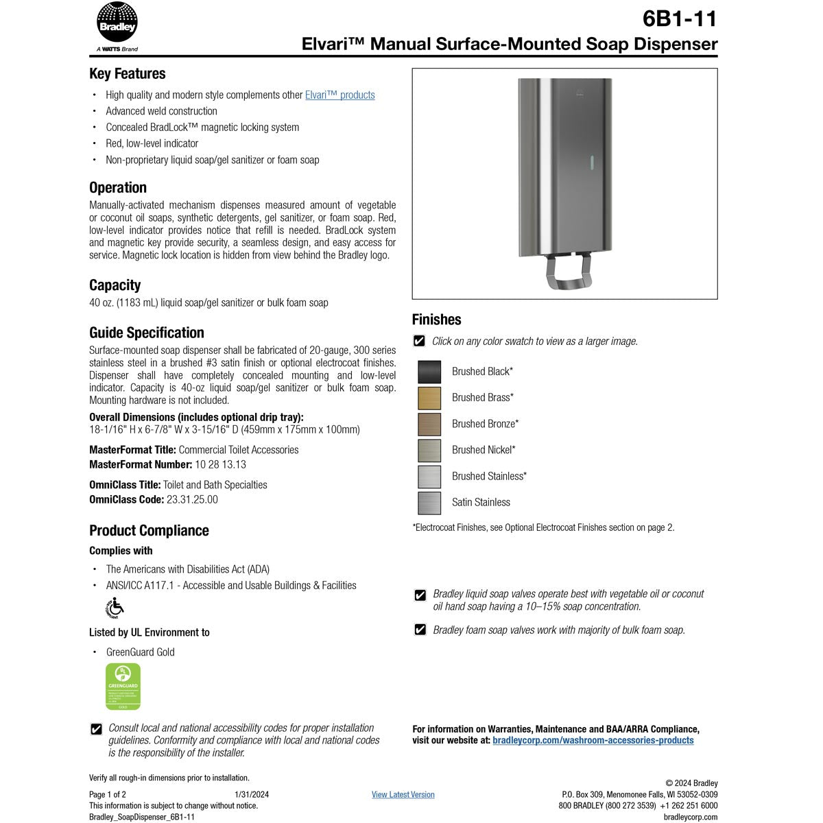 Bradley Elvari Series Liquid Soap/Gel Sanitizer Dispenser - 40oz, Surface Mounted, Drip Tray - 6B1-110000T-BR, Brushed Brass