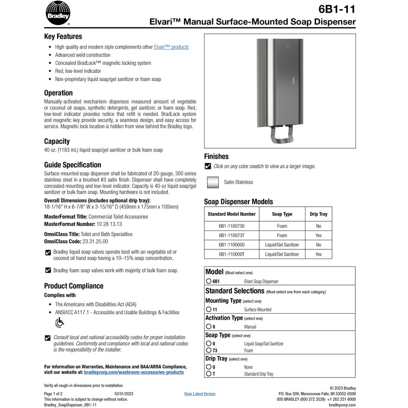 Bradley Elvari Series Liquid Soap/Gel Sanitizer Dispenser - 40oz, Surface Mounted, Drip Tray - 6B1-110000T