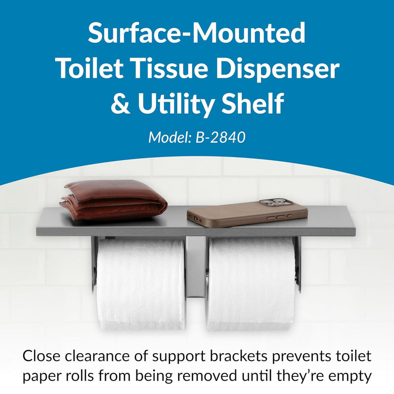 Bobrick B-2840 Toilet Paper Dispenser Utility Shelf, 16" W x 3-7/8" H x 5" D, Surface-Mounted, Stainless Steel w/ Satin Finish