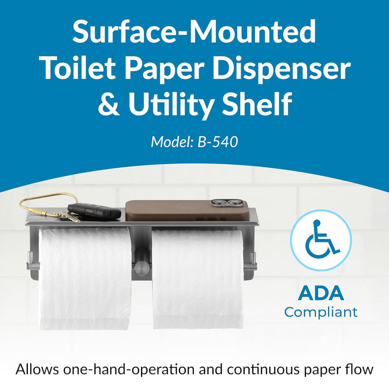 Bobrick B-540 Surface-Mounted Toilet Tissue Dispenser & Utility Shelf