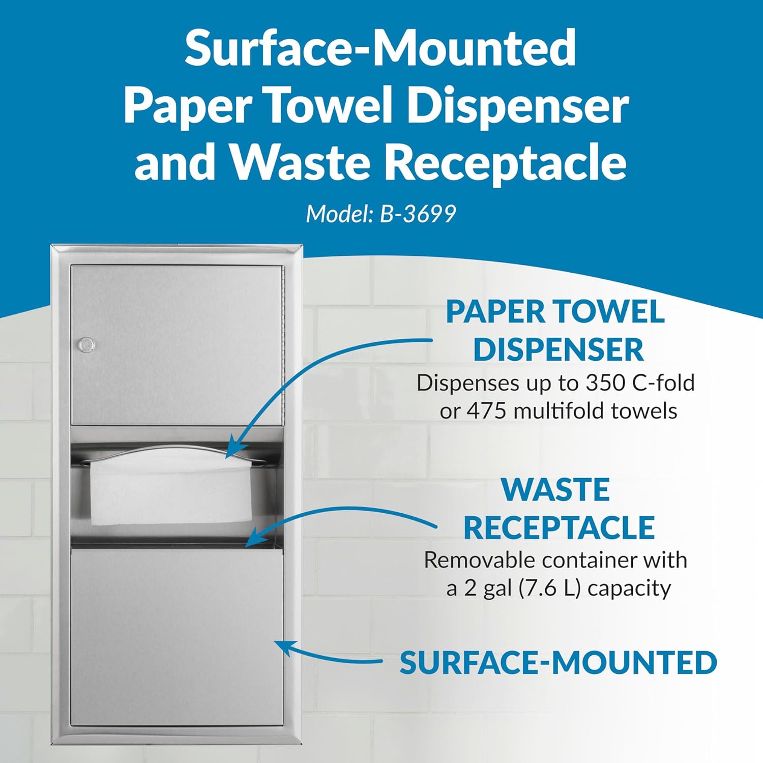 Bobrick B-3699 Combination Commercial Paper Towel Dispenser/Waste Receptacle, Surface-Mounted, Stainless Steel