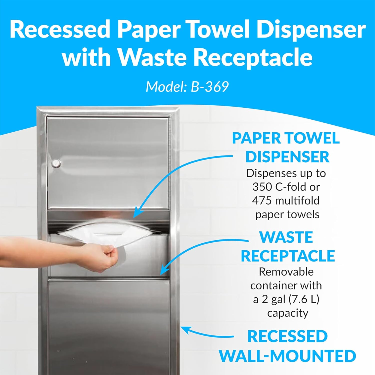 Bobrick B-369 Combination Commercial Paper Towel Dispenser/Waste Receptacle, Recessed-Mounted, Stainless Steel