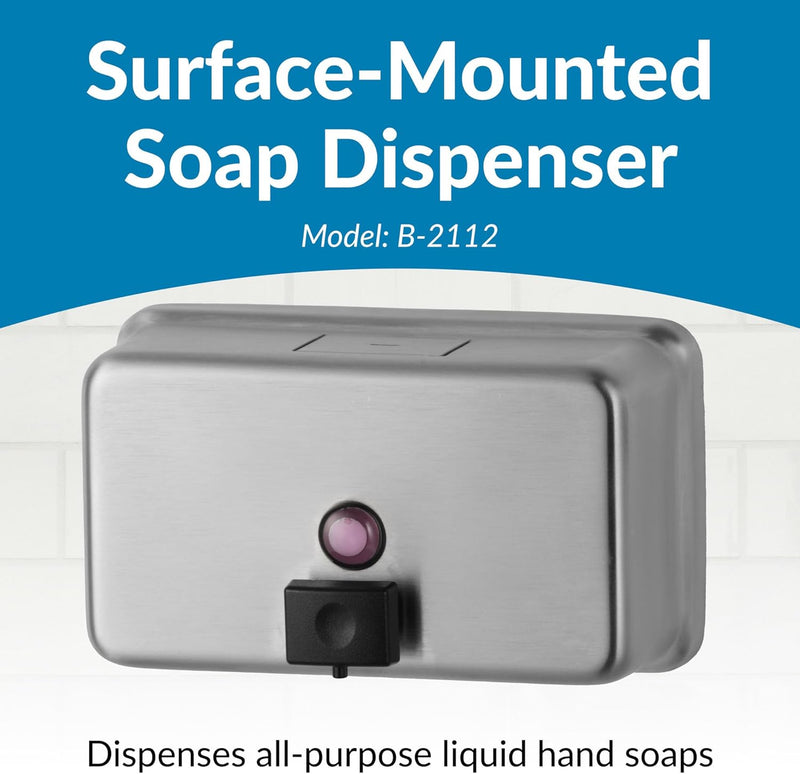 Bobrick B-2112 Commercial Liquid Soap Dispenser, Surface-Mounted, Manual-Push, Stainless Steel - 40 Oz