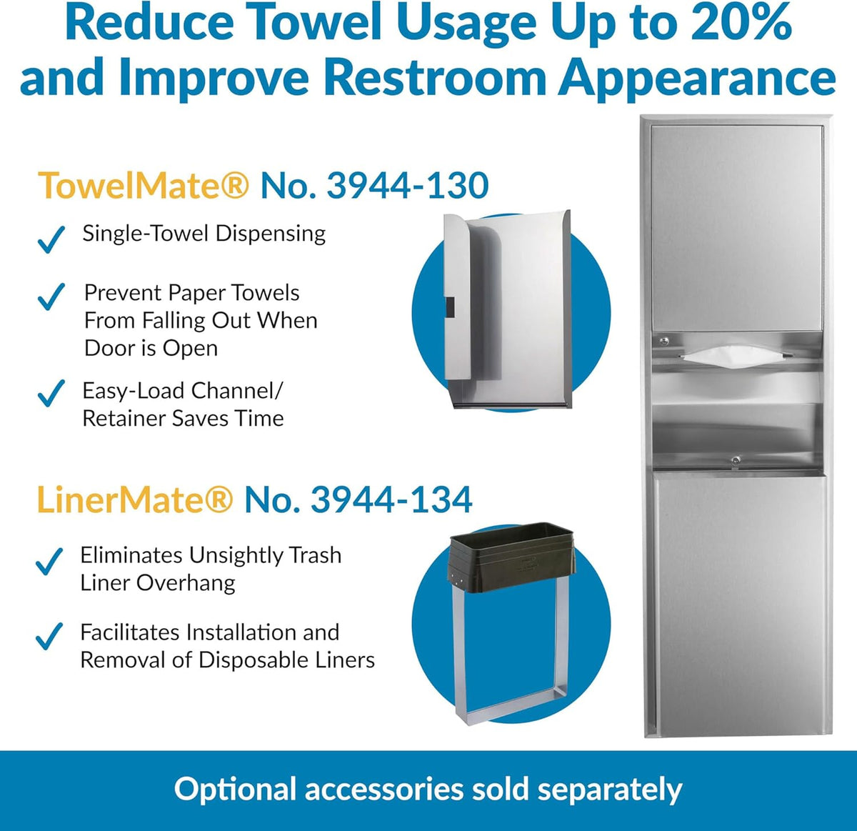 Bobrick B-3944 Combination Commercial Paper Towel Dispenser/Waste Receptacle, Recessed-Mounted, Stainless Steel
