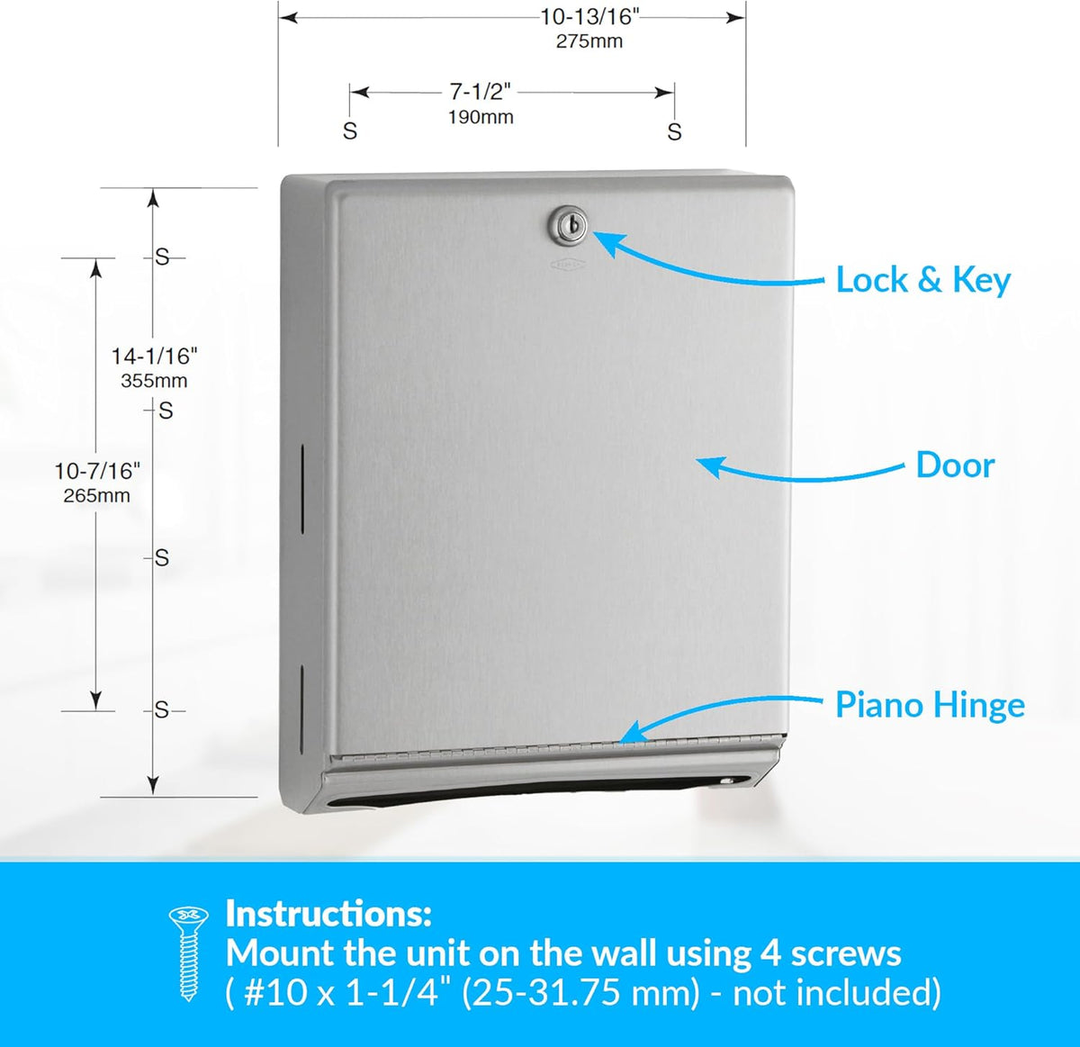 Bobrick B-262 Commercial Paper Towel Dispenser, Surface-Mounted, Stainless Steel