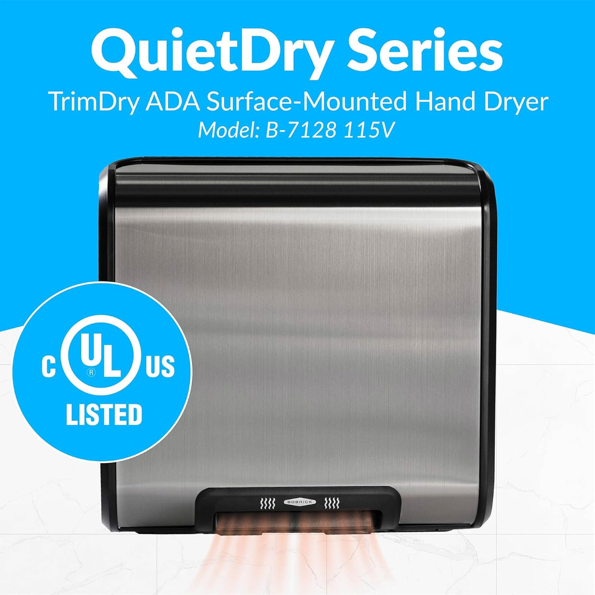 Bobrick B-7128 Automatic Hand Dryer, 115 Volt, Surface-Mounted, Stainless Steel