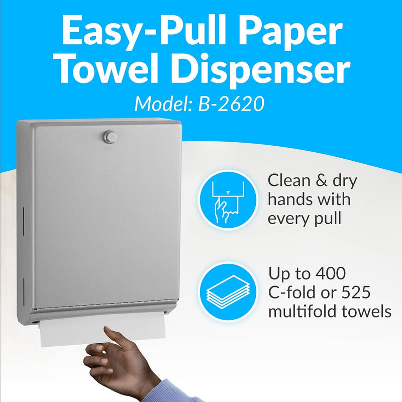 Bobrick B-2620 Commercial Paper Towel Dispenser, Surface-Mounted, Stainless Steel