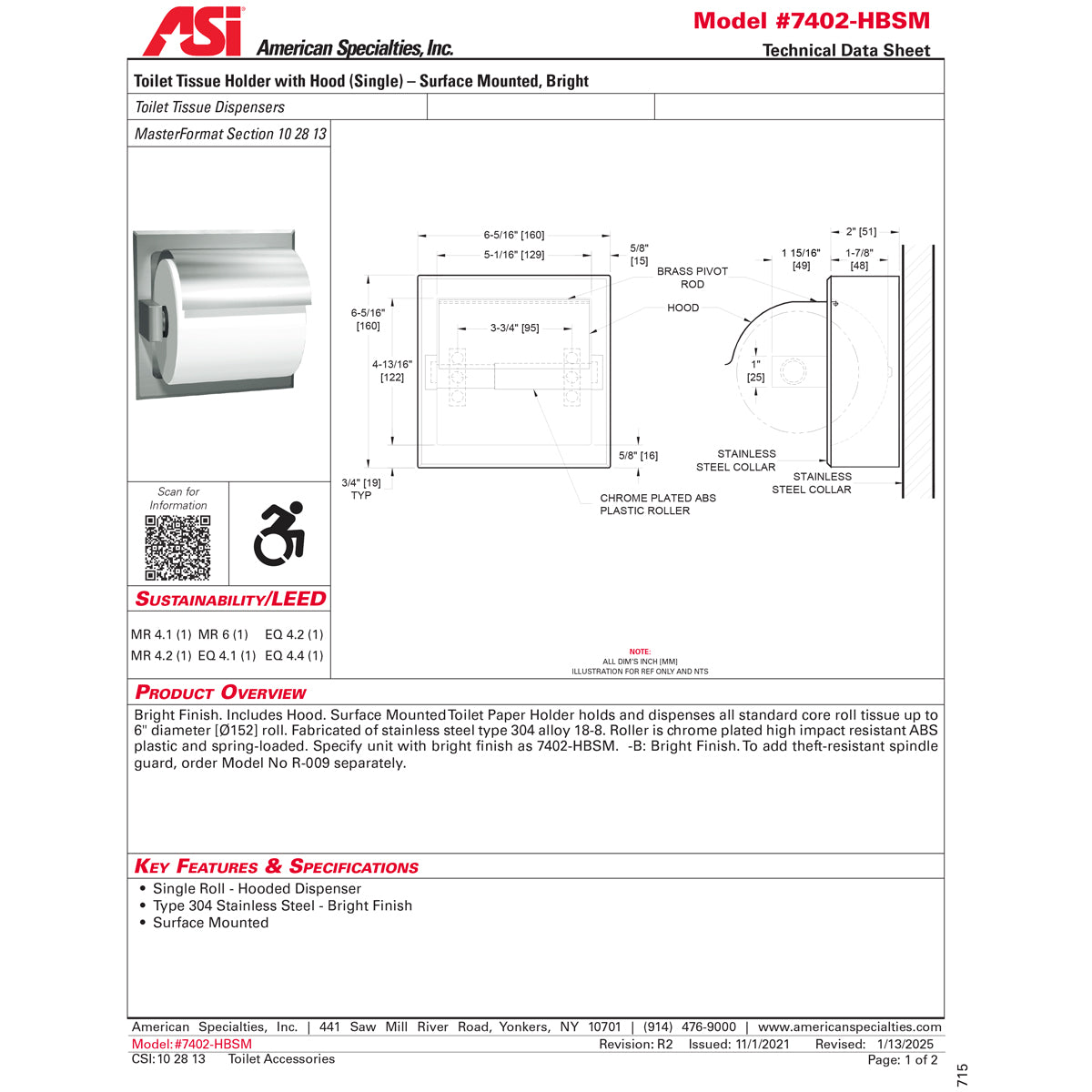 ASI 7402-HBSM Commercial Toilet Paper Dispenser w/ Hood, Surface-Mounted, Stainless Steel w/ Bright-Polished Finish