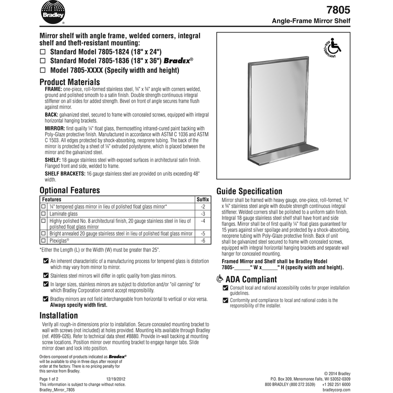 Bradley 7805-016360 (16 x 36) Commercial Restroom Mirror, Angle Frame, 16" W x 36" H, Stainless Steel w/ Satin Finish