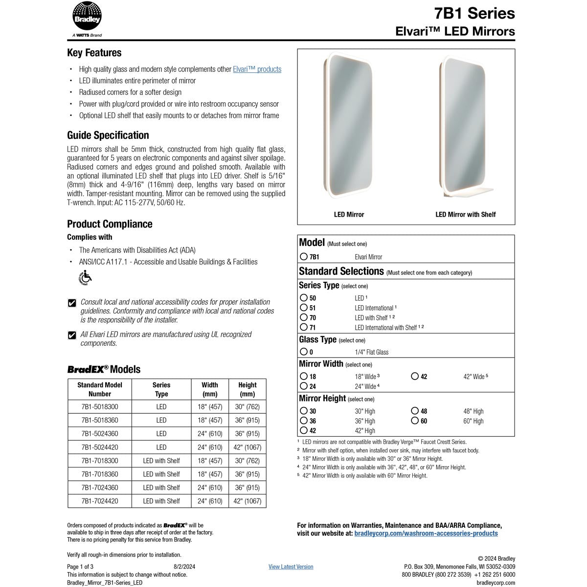 Bradley Elvari Series Frameless LED Mirror 24