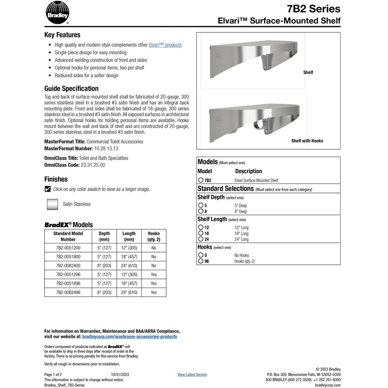 Bradley Elvari Series Shelf, Stainless Satin, 20 Gauge w/ Hooks, 5" X 24" - 7B2-0052496