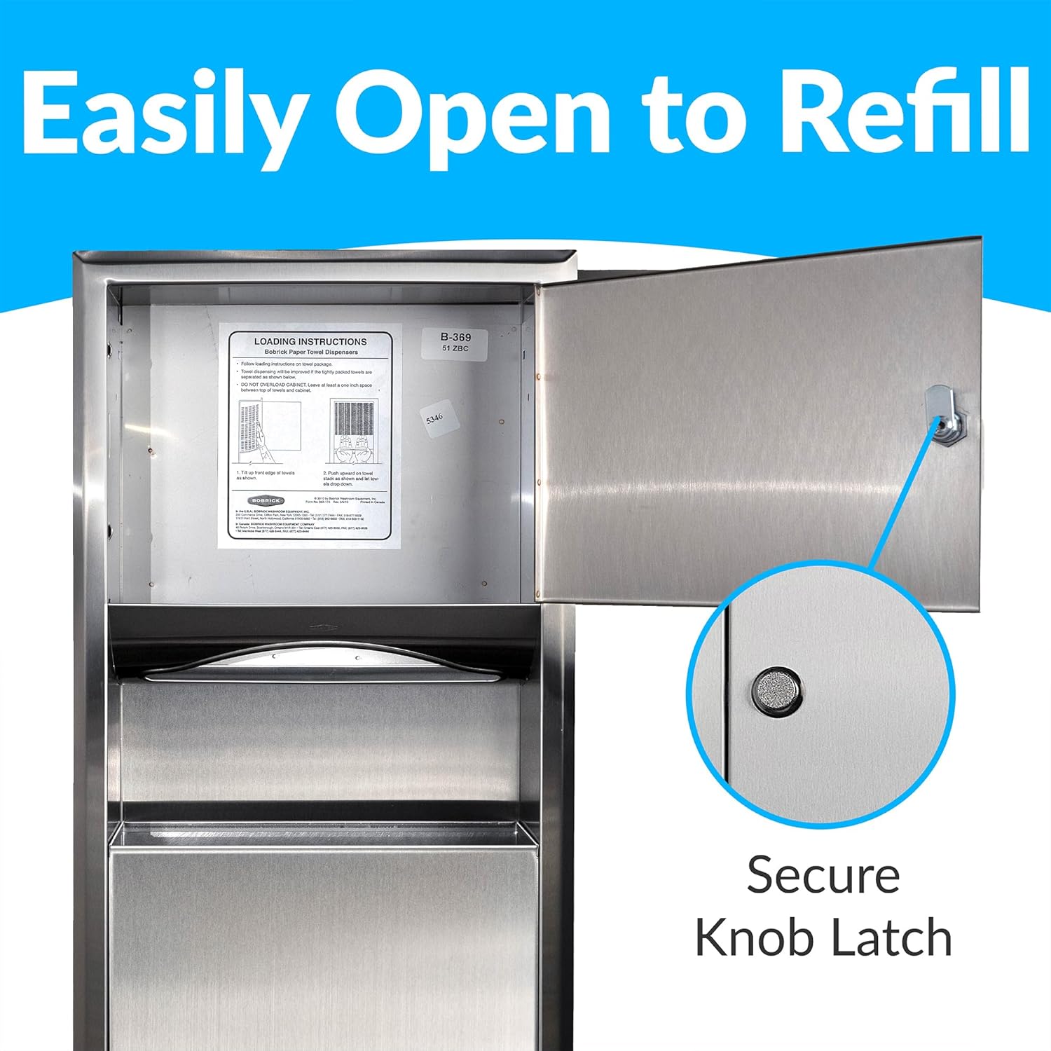 Bobrick B-369 Combination Commercial Paper Towel Dispenser/Waste Receptacle, Recessed-Mounted, Stainless Steel