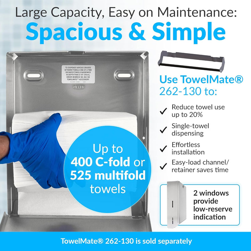 Bobrick B-262 Commercial Paper Towel Dispenser, Surface-Mounted, Stainless Steel