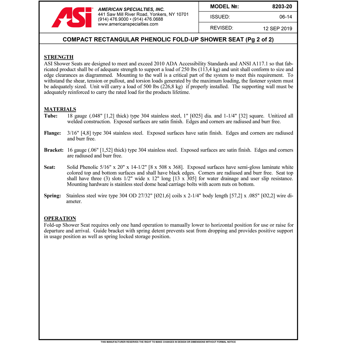 ASI 8203-20 Folding Shower Seat - Rectangular, ADA - Solid Phenolic, White - Compact 20