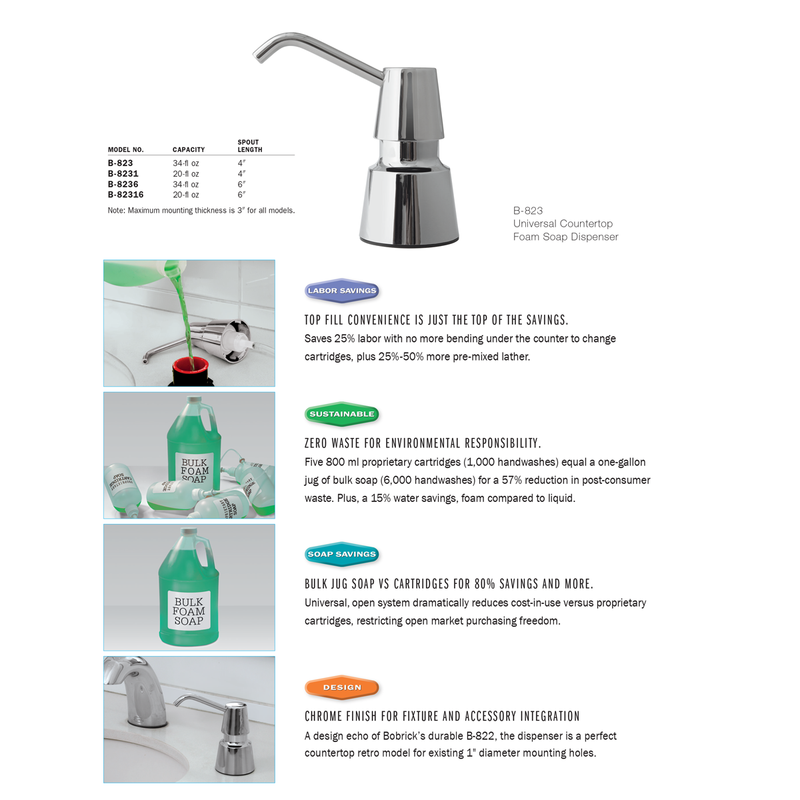 Bobrick B-8236 Commercial Foam Soap Dispenser, Surface-Mounted, Push Button, Stainless Steel - 6" Spout Length