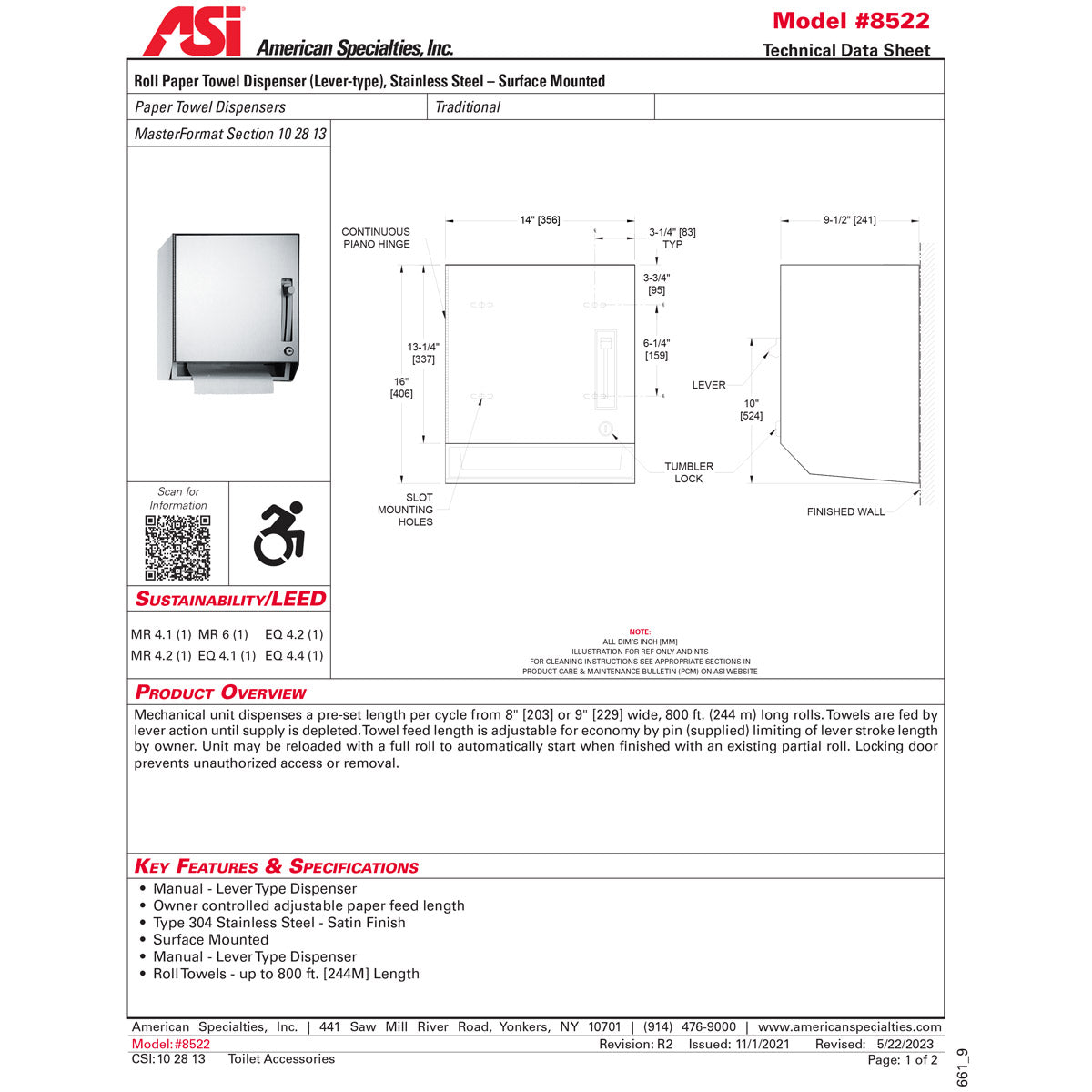 ASI 8522 Commercial Paper Towel Dispenser, Surface-Mounted, Stainless Steel