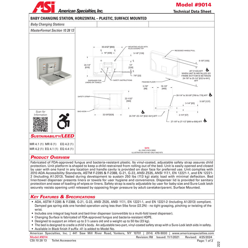 ASI 9014 Baby Changing Station - Horizontal - Plastic - Surface Mounted