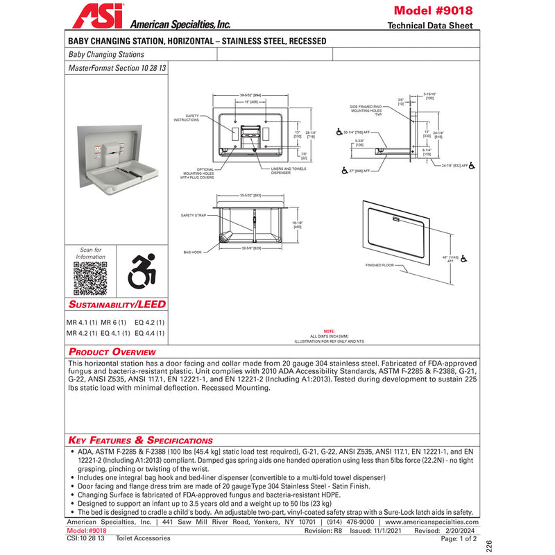 ASI 9018 Baby Changing Station - Horizontal - Stainless Steel - Recessed