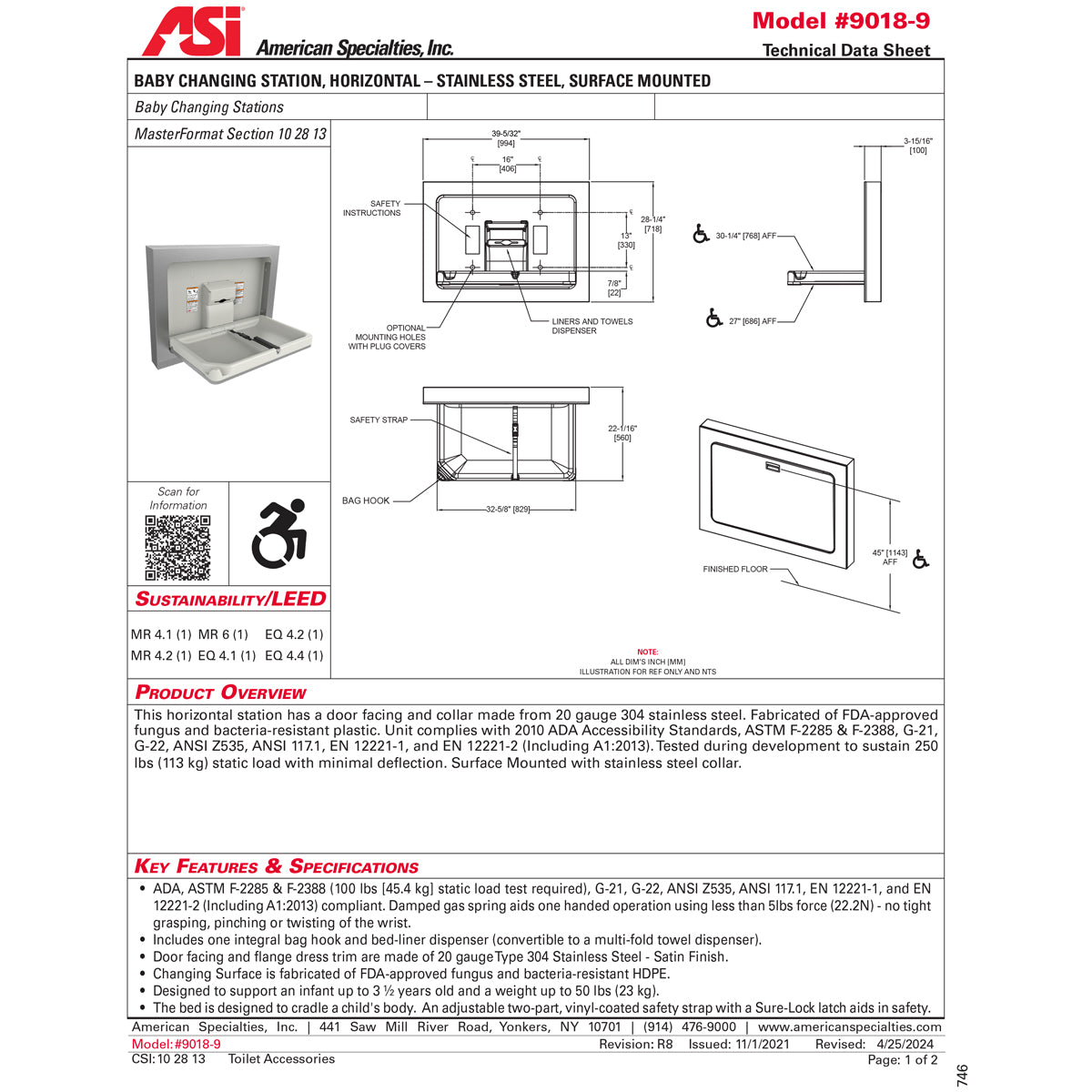 ASI 9018-9 Baby Changing Station - Horizontal - Stainless Steel - Surface Mounted