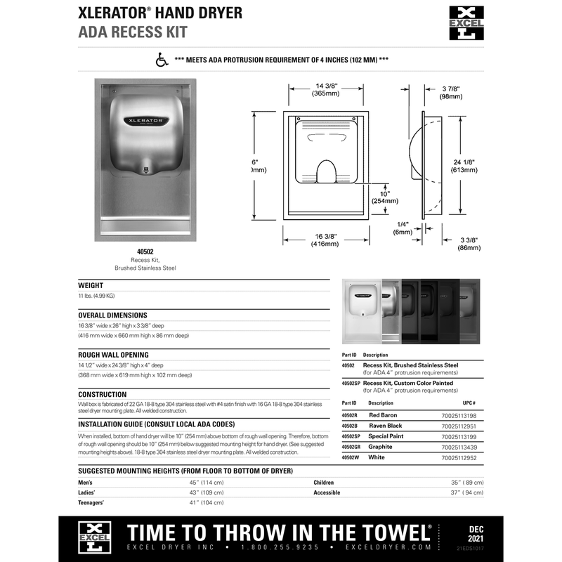 XL-40502 Excel Recess Kit for Xlerator Hand Dryer
